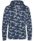 An AWDis Just Hoods JH014 hoodie featuring a blue and gray camouflage pattern with white drawstrings.