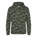 The JH014 by AWDis Just Hoods is a green and black camouflage-patterned hoodie featuring a front pocket and a drawstring hood.