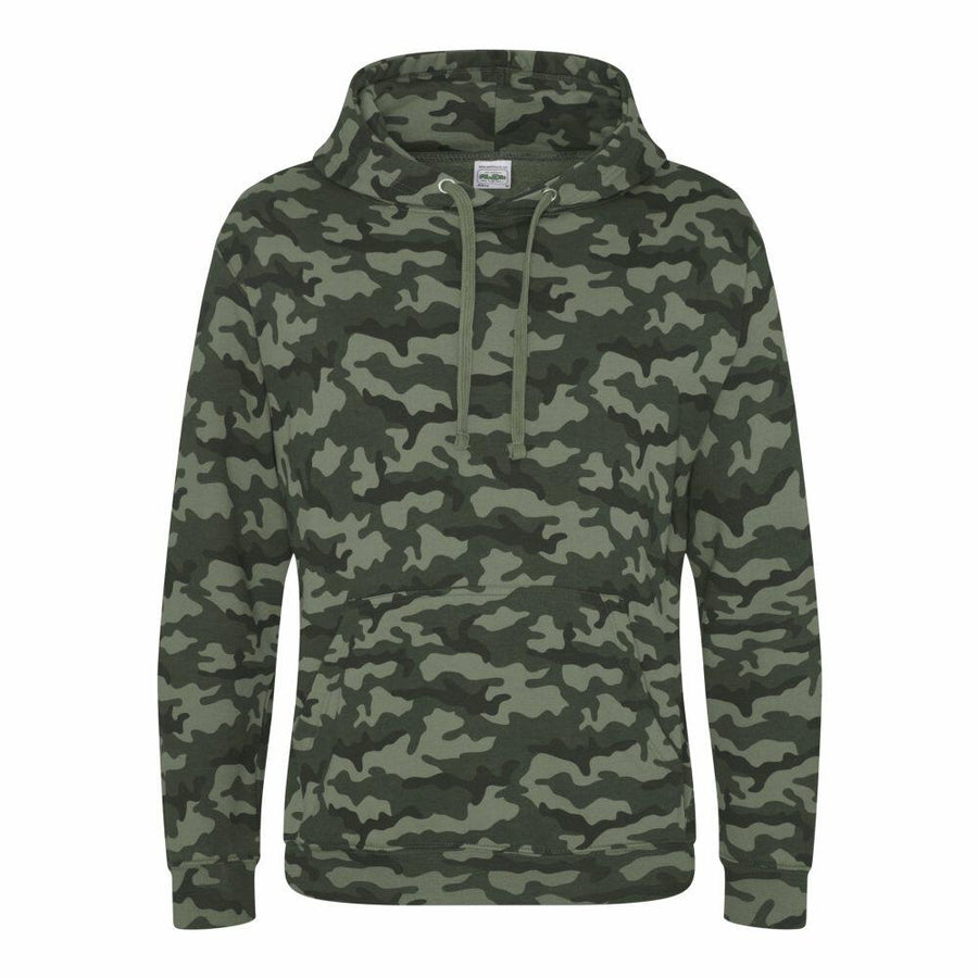 The JH014 by AWDis Just Hoods is a green and black camouflage-patterned hoodie featuring a front pocket and a drawstring hood.