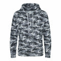 JH014 by AWDis Just Hoods is a camouflage-patterned hoodie in various shades of gray, featuring a front pocket and drawstring hood, displayed on a plain white background.