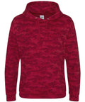 The AWDis Just Hoods JH014 hoodie is a red camouflage design featuring a drawstring hood. It showcases shades of red that create a textured camo effect and offers long sleeves with a relaxed fit.