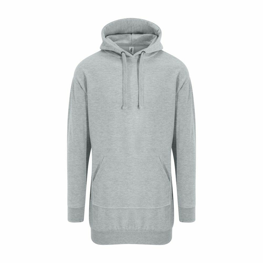 AWDis Just Hoods' JH015 gray hoodie, featuring a front pocket and drawstring hood, is showcased on a white background.