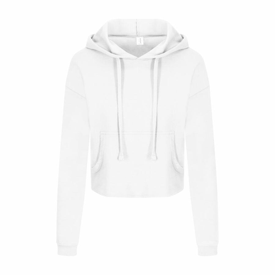 AWDis Just Hoods JH016 white cropped hoodie featuring drawstrings and a front pocket.