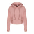 AWDis Just Hoods JH016 pink cropped hoodie featuring drawstrings and a front pocket.