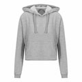 AWDis Just Hoods' JH016 is a gray cropped hoodie featuring a front pocket and drawstring hood, showcased against a white background.