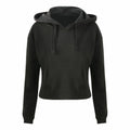 A JH016 hoodie by AWDis Just Hoods, featuring a plain black design with long sleeves and a front pocket, displayed against a white background.