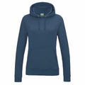 A JH01F hoodie from AWDis Just Hoods in plain teal, featuring long sleeves and a front pocket, lying flat.