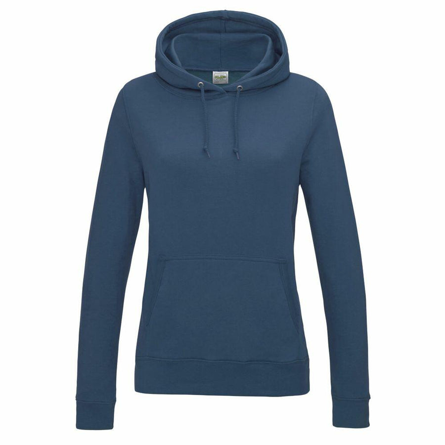A JH01F hoodie from AWDis Just Hoods in plain teal, featuring long sleeves and a front pocket, lying flat.