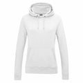 A JH01F hoodie by AWDis Just Hoods featuring a plain white design with a drawstring hood and front pocket, showcased against a white background.