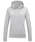 JH01F by AWDis Just Hoods, a gray hooded sweatshirt featuring drawstrings and a front pocket, showcased on a plain background.