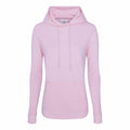 A pastel pink 'JH01F' hoodie by AWDis Just Hoods is displayed on a plain white background. This hoodie includes long sleeves, a front pocket, and a drawstring hood and is crafted from soft, comfortable fabric.