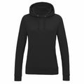 The JH01F by AWDis Just Hoods is a plain black hoodie featuring a front pocket and a drawstring hood. It is displayed against a white background, highlighting its long sleeves and classic style.