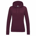 The AWDis Just Hoods JH01F is a burgundy pullover hoodie featuring a front pocket and drawstrings.