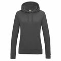 The JH01F hoodie by AWDis Just Hoods is a plain, dark gray pullover featuring a front pocket and drawstrings. The fabric looks soft, offering a simple and casual design.