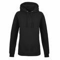 The JH01F hoodie by AWDis Just Hoods is a plain black design featuring long sleeves and a front pocket, with the hood equipped with drawstrings. It is showcased against a simple white background.