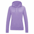 A JH01F hoodie by AWDis Just Hoods in a plain lavender color, featuring a front pocket and a drawstring hood.