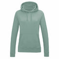 A JH01F hooded sweatshirt by AWDis Just Hoods in sage green, featuring long sleeves and a front pouch pocket. The hoodie includes an adjustable drawstring at the neck and is shown against a plain white background.