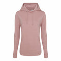 Introducing the AWDis Just Hoods JH01F, a pink pullover hoodie featuring a front pocket, long sleeves, and adjustable drawstrings. Crafted from soft and comfortable fabric, it is perfect for casual wear.