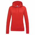 A red AWDis Just Hoods sweatshirt, model JH01F, featuring a front pocket and drawstrings on the hood. The fabric looks soft, and it has a simple, casual design. The hoodie is shown against a plain white background.