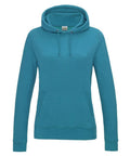 AWDis Just Hoods' JH01F hooded sweatshirt in teal, featuring a front pocket and drawstrings.