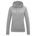 Displayed against a white background is the AWDis Just Hoods JH01F, a plain gray hoodie featuring a front pocket and adjustable hood drawstrings. It has long sleeves and appears to be made of soft, comfortable fabric.