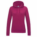 The AWDis Just Hoods JH01F is a vibrant magenta hoodie featuring a hood with adjustable drawstrings. It comes with a front pocket and long sleeves, showcased against a plain white background.