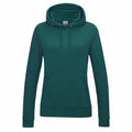 The JH01F, a green hooded sweatshirt from AWDis Just Hoods, features a front pocket and drawstrings on the hood. Displayed against a white background, this hoodie boasts a simple, casual design perfect for everyday wear.