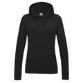 The JH01F from AWDis Just Hoods is a plain black hoodie featuring long sleeves and a spacious front pocket, complemented by a hood with adjustable drawstrings.