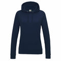 Introducing the JH01F by AWDis Just Hoods: a navy blue hoodie featuring a front pocket and drawstring hood. With its plain design, free from logos or markings, it's ideal for casual wear. Crafted from soft and comfortable fabric, this hoodie is perfect for any casual outing.