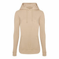 A long-sleeved JH01F hoodie by AWDis Just Hoods, featuring a front pocket and drawstring hood in beige, set against a plain white background. Its design is simple and classic.