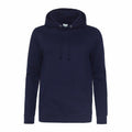 The JH01F hoodie by AWDis Just Hoods is on display. This plain, navy blue hoodie includes a front pocket and adjustable drawstrings on the hood. It features long sleeves and boasts a simple, casual design that's perfect for everyday wear.