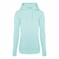 The JH01F hoodie by AWDis Just Hoods is a light blue garment featuring a front pocket and drawstring hood, showcased against a plain white background. With its long sleeves and straightforward, casual design, it offers both style and comfort.