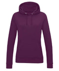 A plain purple hoodie, model JH01F from AWDis Just Hoods, featuring a front pocket and adjustable drawstrings on the hood, displayed against a white background.