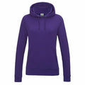 The AWDis Just Hoods JH01F is a plain purple hoodie featuring long sleeves, a front pocket, and an adjustable drawstring hood. It is displayed on a plain white background.