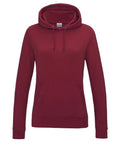 The JH01F by AWDis Just Hoods is a burgundy hooded sweatshirt featuring long sleeves, a front pocket, and drawstrings. It offers a relaxed fit and is showcased against a plain white background.