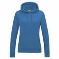 Introducing the JH01F by AWDis Just Hoods: A casual plain blue hoodie featuring long sleeves, a front pocket, and drawstrings. Displayed against a white background, it perfectly highlights its effortless style.