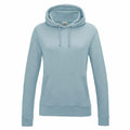 The JH01F by AWDis Just Hoods is a light blue hooded sweatshirt with long sleeves, featuring a front kangaroo pocket and adjustable drawstrings at the hood. The soft fabric makes it ideal for casual wear.