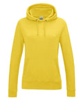 The AWDis Just Hoods JH01F is a yellow hoodie featuring a front pocket and drawstrings, presented against a white background. It boasts a simple, classic design with long sleeves and a hood.