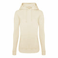 The AWDis Just Hoods JH01F is a cream-colored hoodie featuring a front pocket and drawstring hood, presented against a white background. This hoodie boasts long sleeves and offers a relaxed fit.