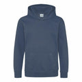 A blue hooded sweatshirt, model JH01J by AWDis Just Hoods, featuring a front pocket and long sleeves.