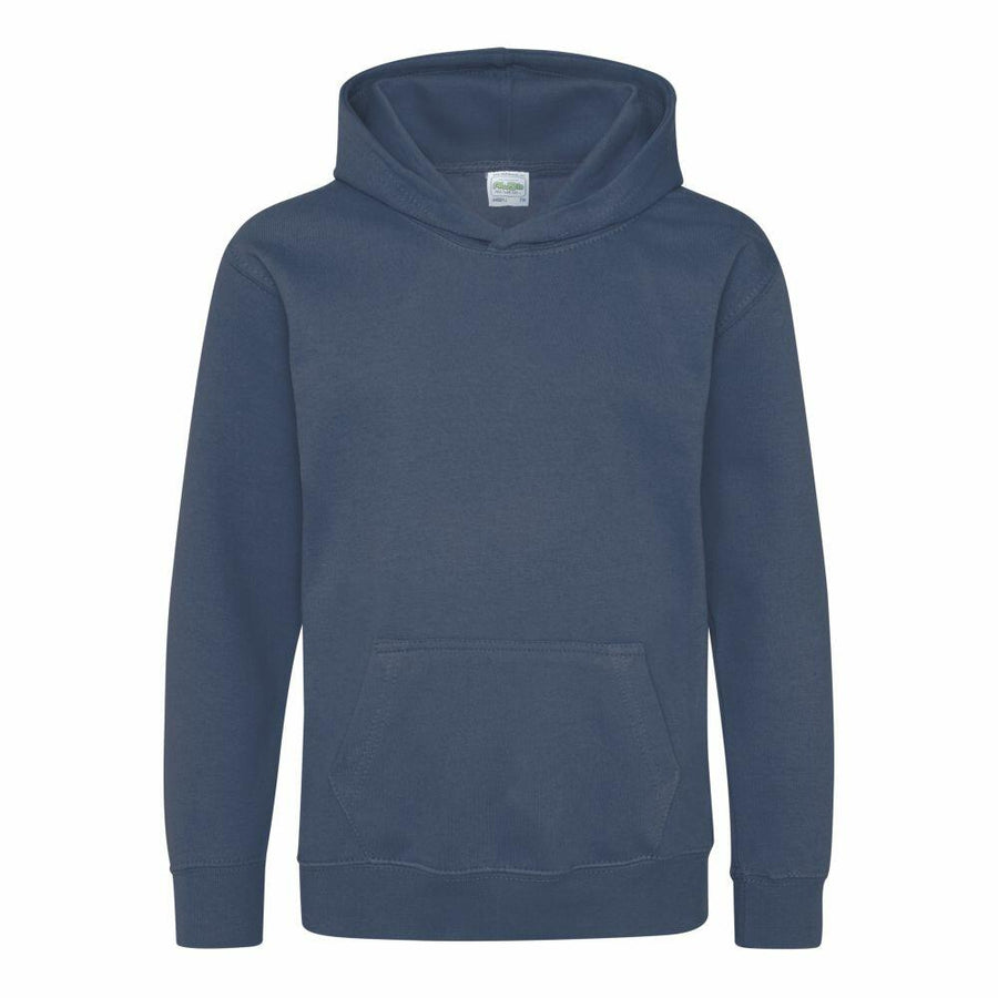 A blue hooded sweatshirt, model JH01J by AWDis Just Hoods, featuring a front pocket and long sleeves.