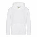 An AWDis Just Hoods JH01J plain white hoodie featuring a front pocket and hood, showcased on a white background.