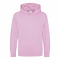 The JH01J hoodie by AWDis Just Hoods is pink, featuring a front pocket and hood, displayed against a white background.