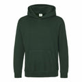 A plain, dark green JH01J hoodie by AWDis Just Hoods featuring a front pocket and a hood, displayed against a white background.