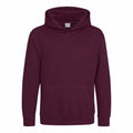 The AWDis Just Hoods JH01J is a maroon hooded sweatshirt shown against a white background, featuring long sleeves and a front pocket.