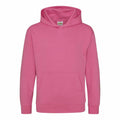 The AWDis Just Hoods JH01J is a plain pink hoodie featuring a front pocket and hood. Displayed against a white background, it highlights its straightforward design and vivid color.