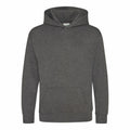 Introducing the JH01J by AWDis Just Hoods: a plain dark gray hoodie featuring a front pouch pocket and a drawstring hood. This garment includes long sleeves and offers a relaxed fit, making it ideal for casual wear.