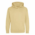 The JH01J hoodie by AWDis Just Hoods is displayed against a white background, featuring a plain beige color with long sleeves and a front pocket. The fabric looks soft, and the hood is laid down.