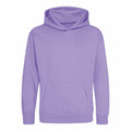 A JH01J hoodie by AWDis Just Hoods in a plain lavender color, featuring a front pocket and hood, is displayed against a white background.