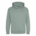 The JH01J by AWDis Just Hoods is a sage green hoodie featuring long sleeves and a front kangaroo pocket, designed with a simple and classic look without any visible logos or patterns.